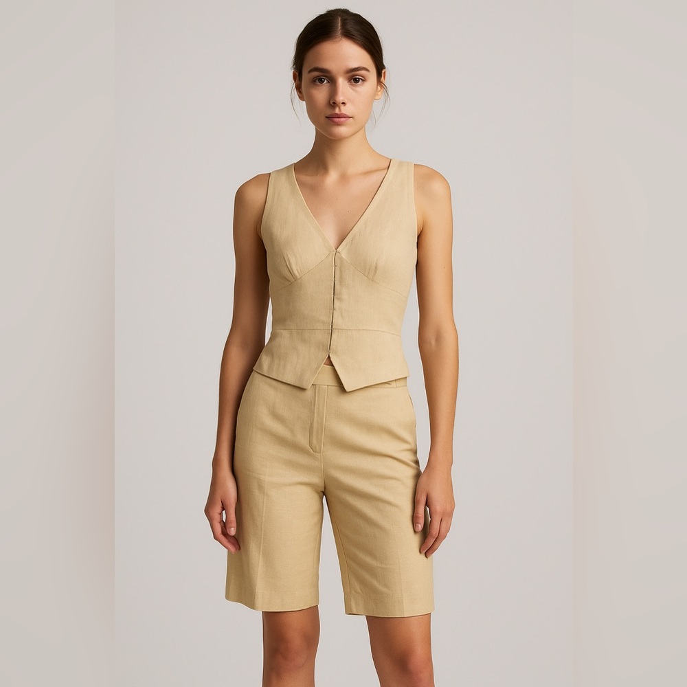 Tracy Reese Linen-viscose sleeveless V-neck top,wide-leg crop pants, Ivory/Beige